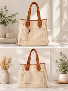 Cole Haan Village Lux II Leather Tote Cream/Cognac Silver Hardware Lightly Used